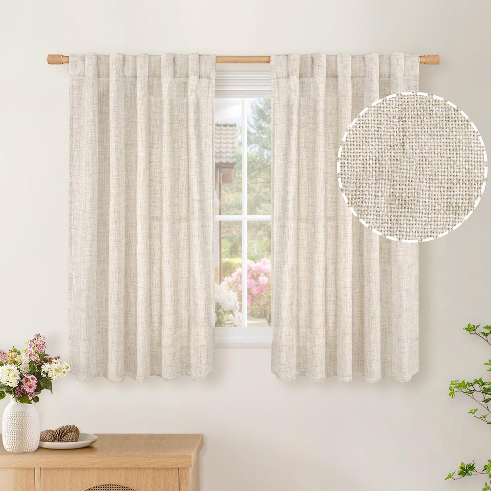 48" Beige Rod Pocket Curtains Drapes Light Filtering Textured Linen Look Window